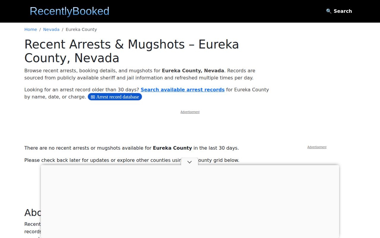 Unofficial Eureka County booking snapshot requiring official verification