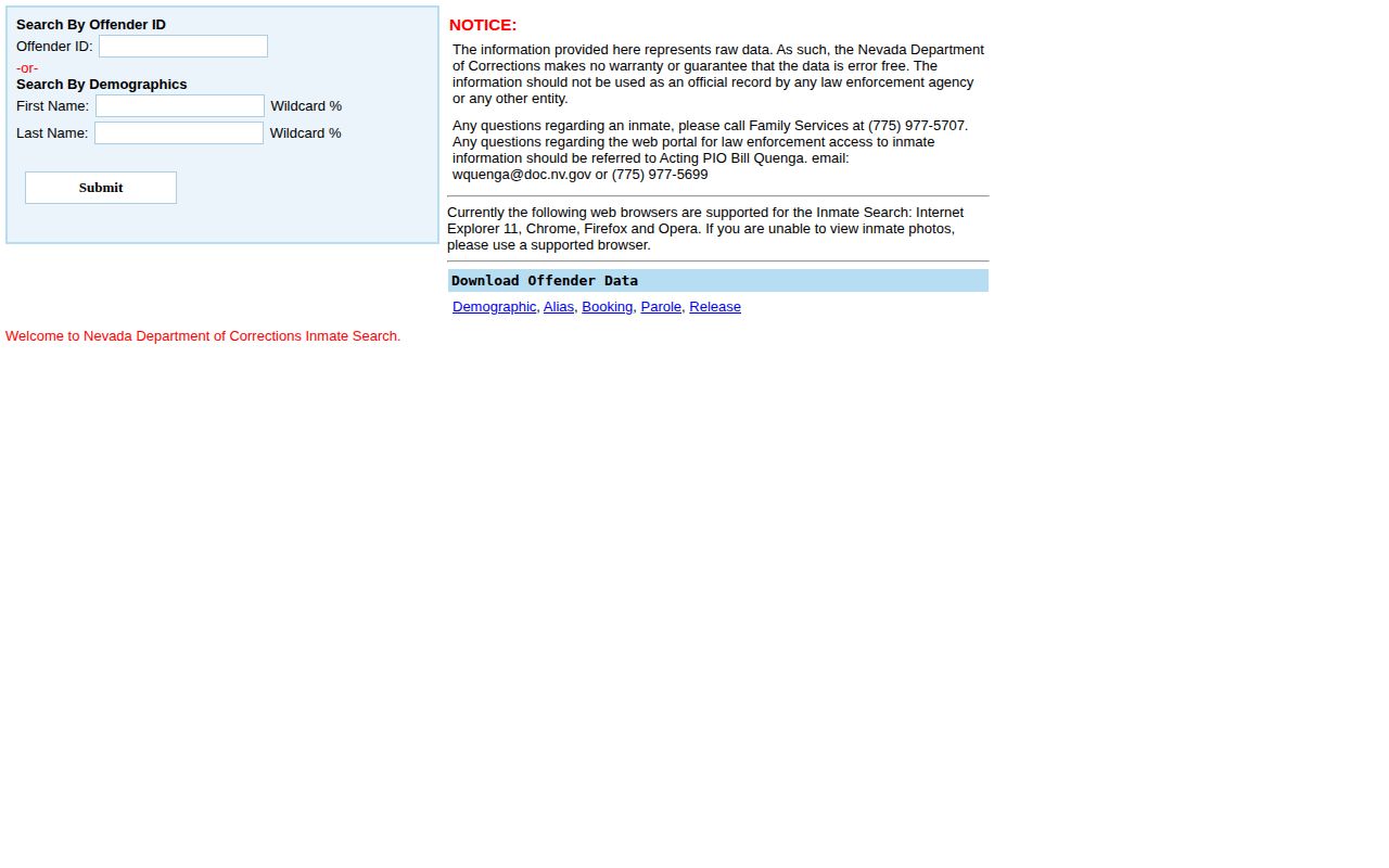 Nevada Department of Corrections offender search for later Eureka County state custody